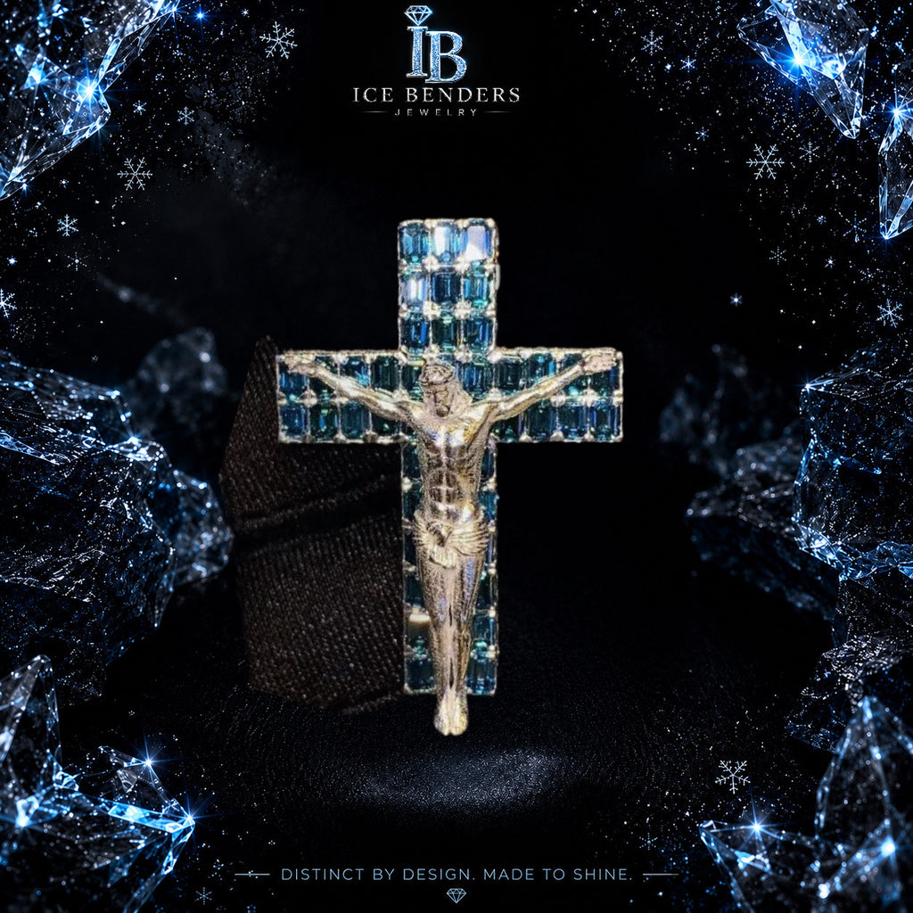 Side Iced Emerald Cut Deep Blue Moissanite Cross (Pendant Only)