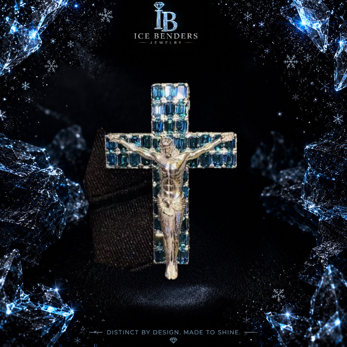 Side Iced Emerald Cut Deep Blue Moissanite Cross (Pendant Only)