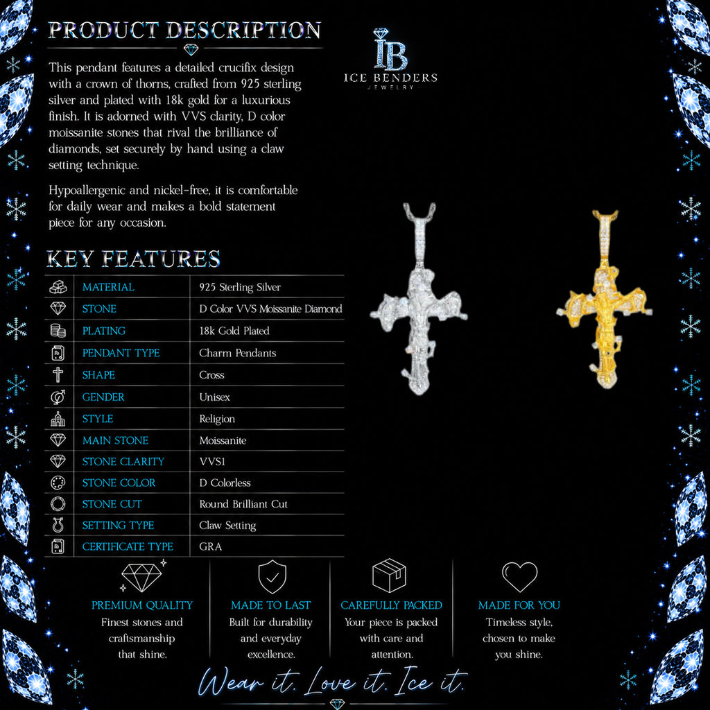 Rose Thorns Crucifix Jesus Moissanite Pendant