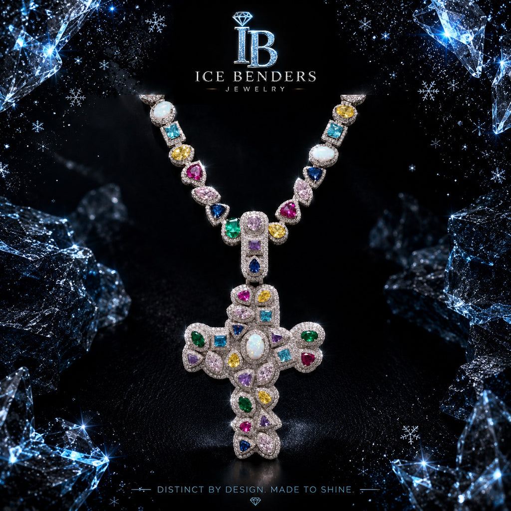 Iced out Assorted Gemstone Opal 3D Moissanite Cross Pendant (Only)
