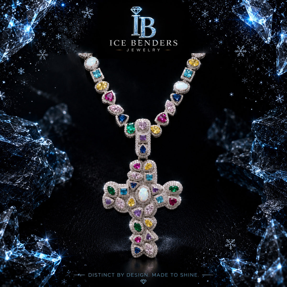 Iced out Assorted Gemstone Opal 3D Moissanite Cross Pendant (Only)