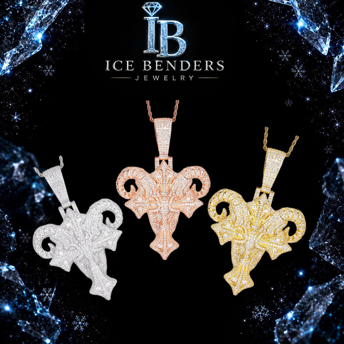 Iced Out Cross and Goat Head Moissanite Pendant