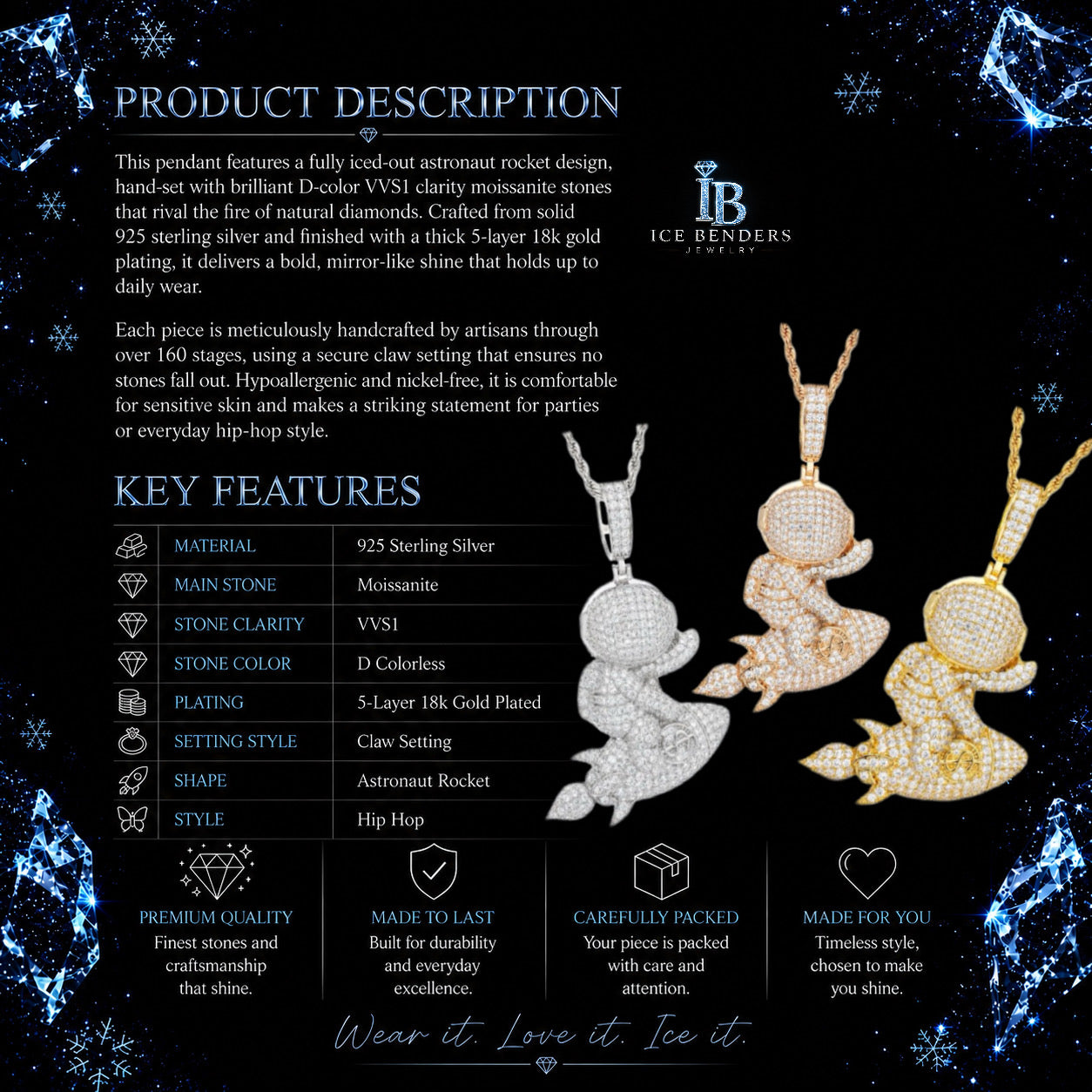Iced Out Astronaut Rocket Moissanite Pendant