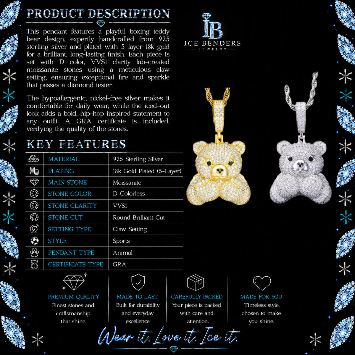 Iced Out Boxing Teddy Bear Moissanite Pendant