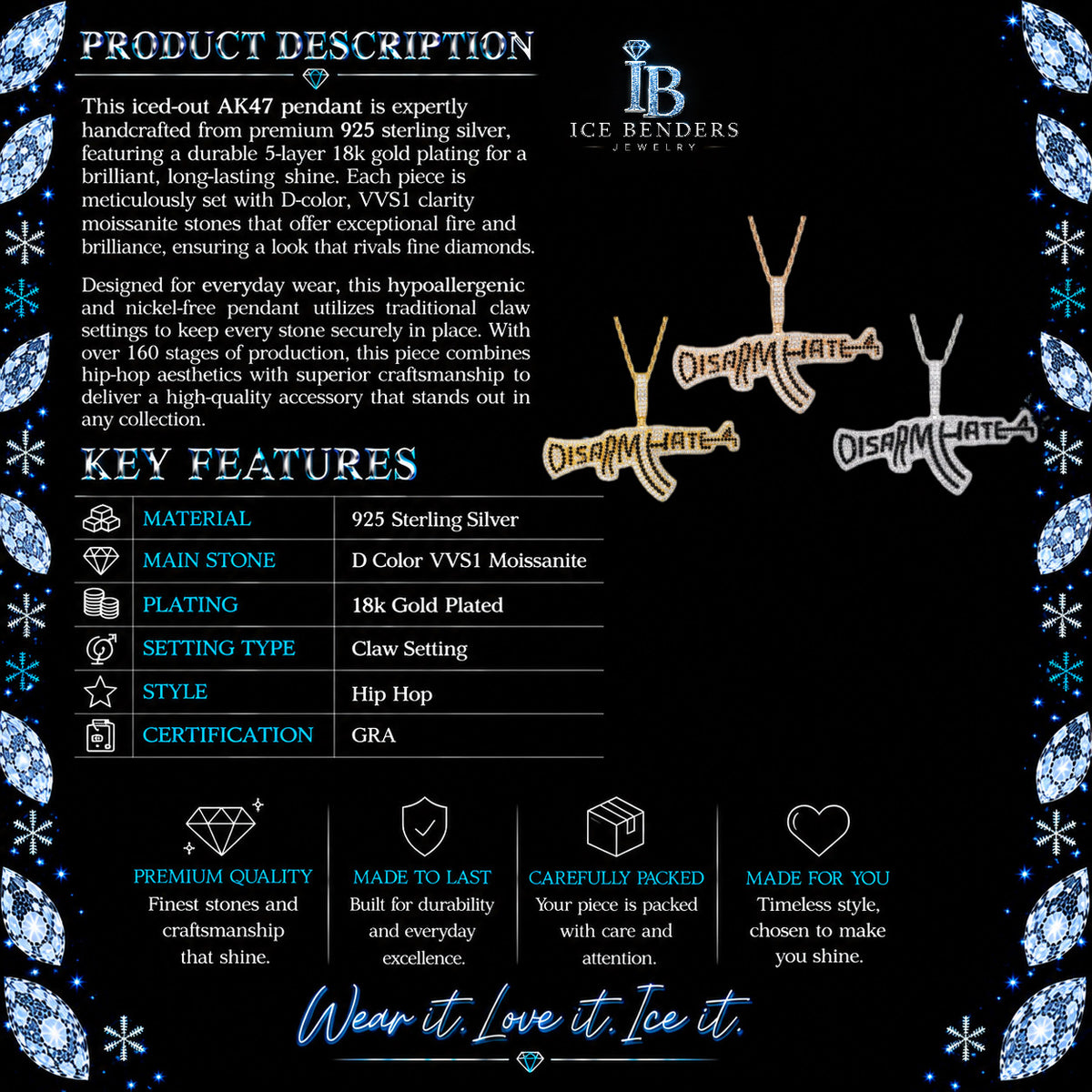 Iced Out “Disarm Hate” AK47 Moissanite Pendant