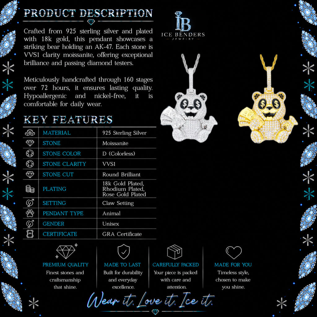 Iced Out Dollar Sign Teddy Bear Moissanite Pendant