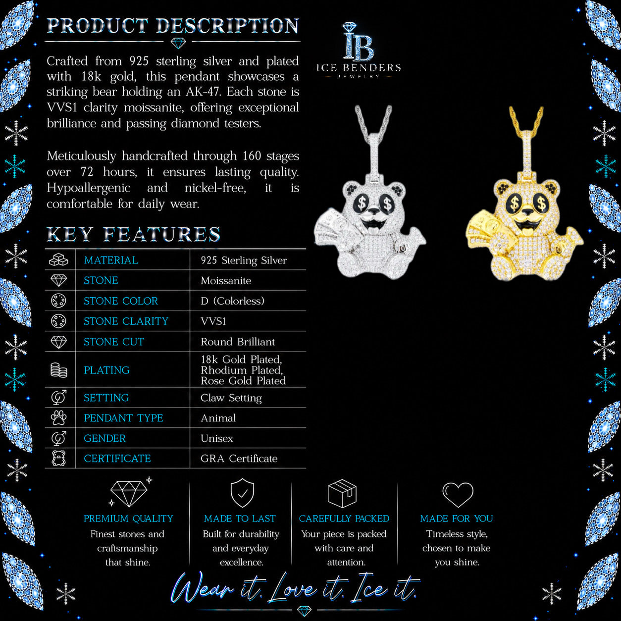 Iced Out Dollar Sign Teddy Bear Moissanite Pendant