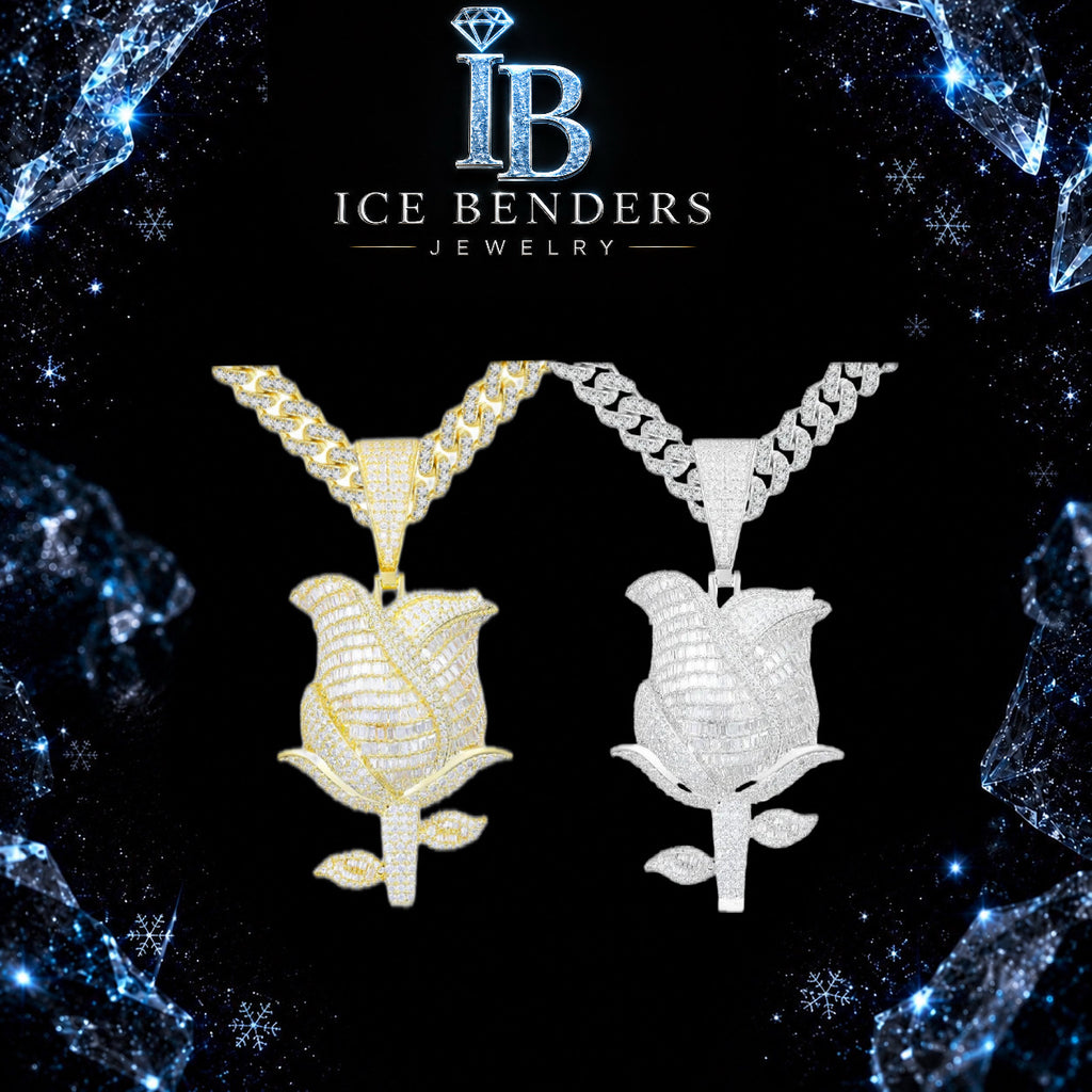 Large Iced Out Baguette Rose Moissanite Pendant