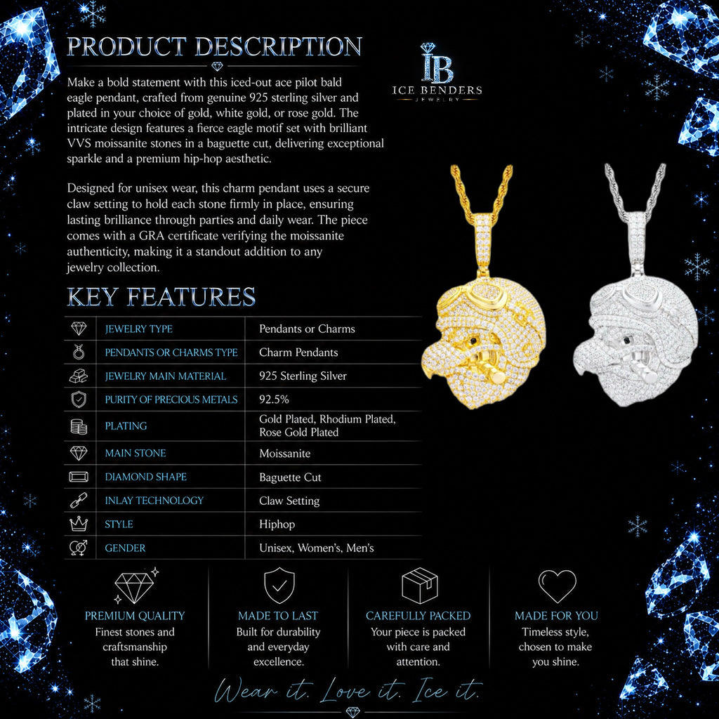 Iced Out Bald Eagle Ace Pilot Moissanite Pendant