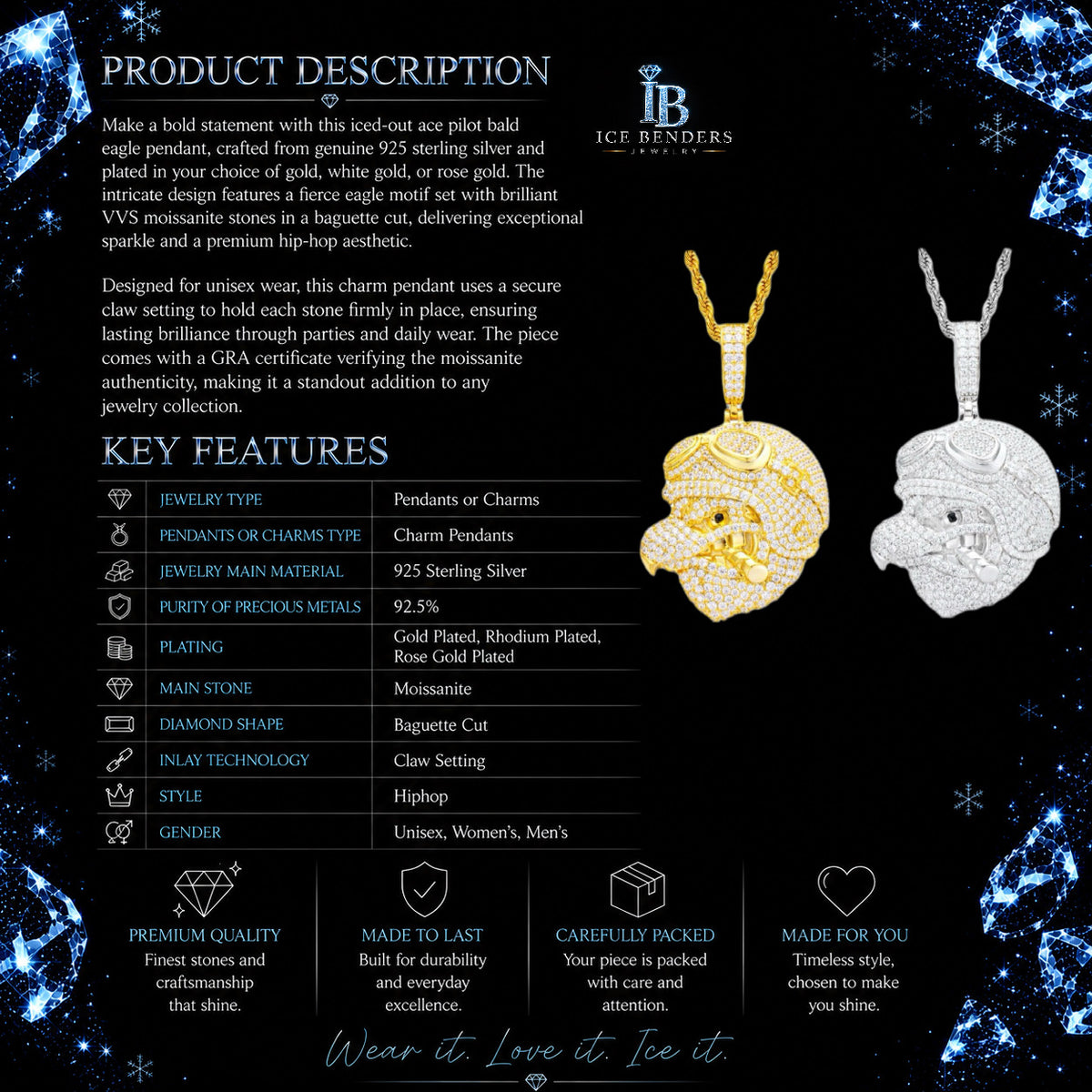 Iced Out Bald Eagle Ace Pilot Moissanite Pendant