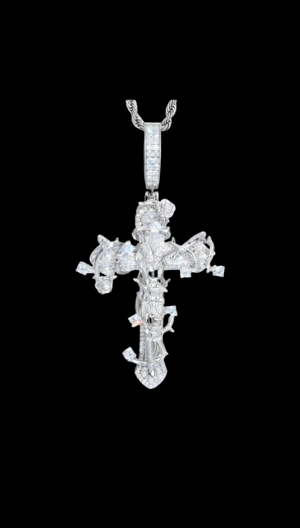 Rose Thorns Crucifix Jesus Moissanite Pendant