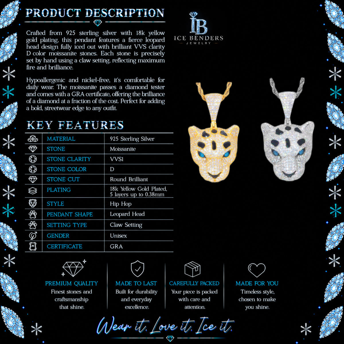 Iced Out Leopard Head Blue Gemstone Eye Moissanite Pendant