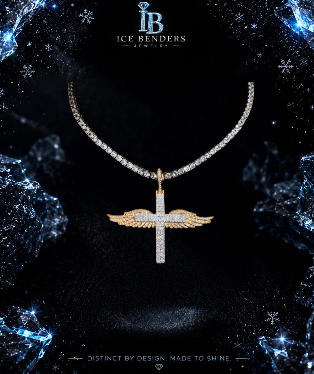Winged Cross Iced Out Moissanite Pendant