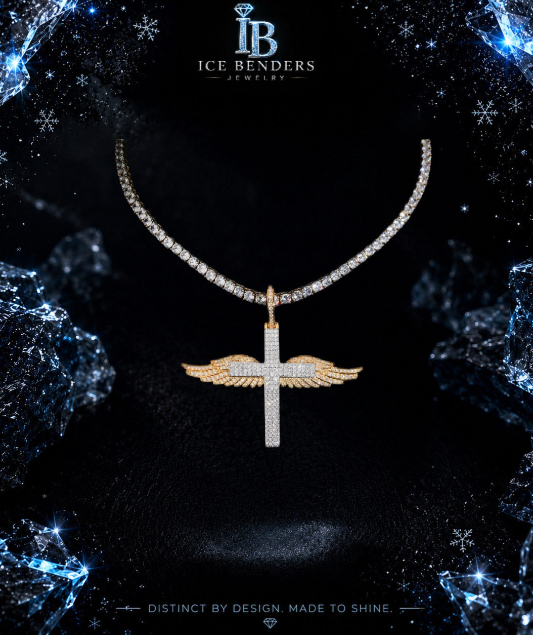 Winged Cross Iced Out Moissanite Pendant