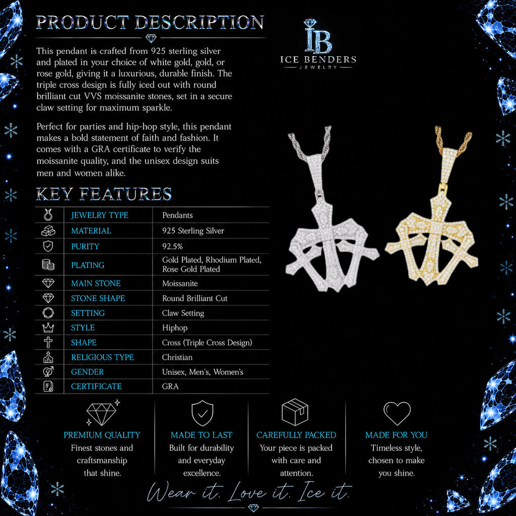 Iced Out Connected Triple Cross Moissanite Pendant