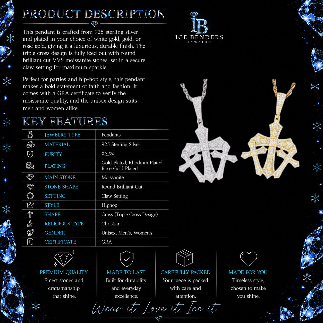 Iced Out Connected Triple Cross Moissanite Pendant
