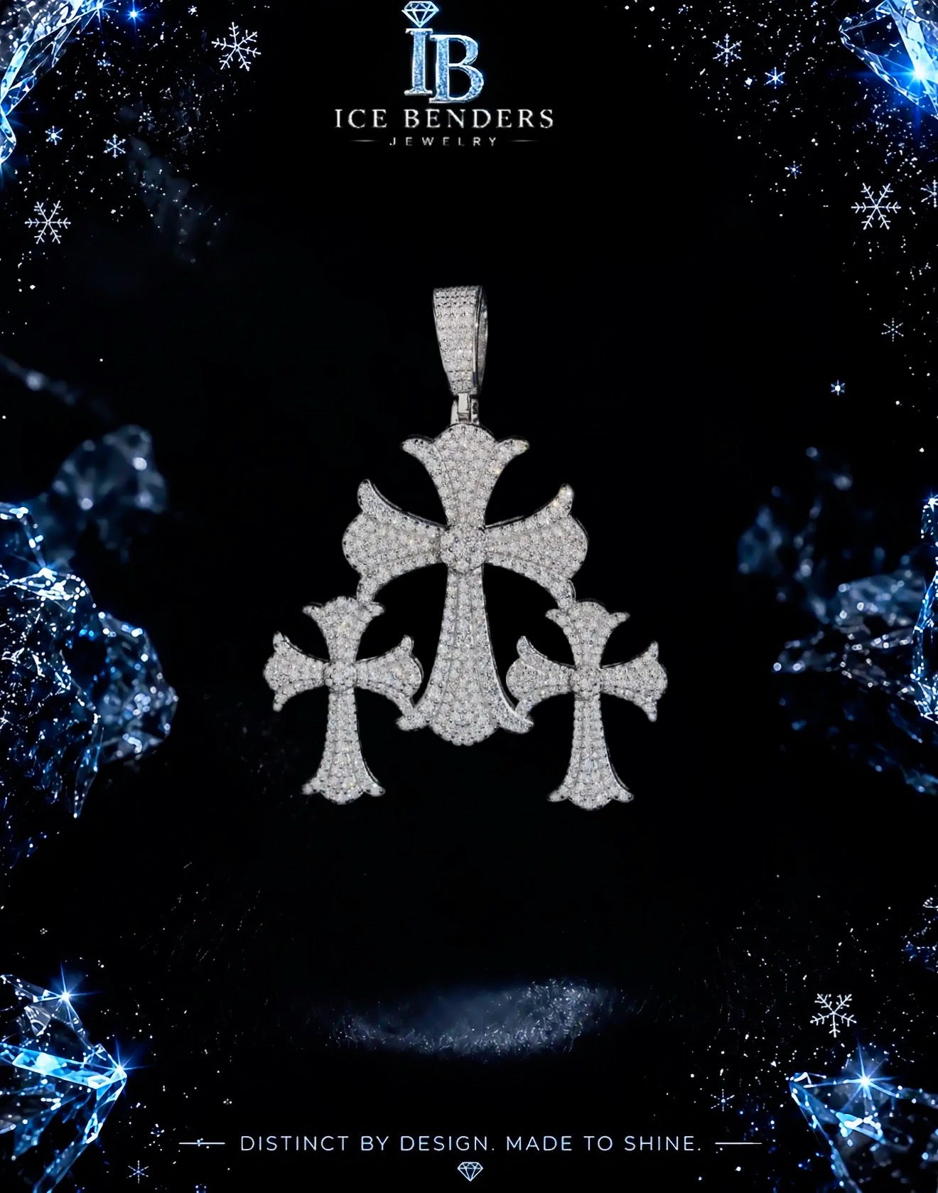 Iced Out Triple “CH” Style Moissanite Cross Pendant