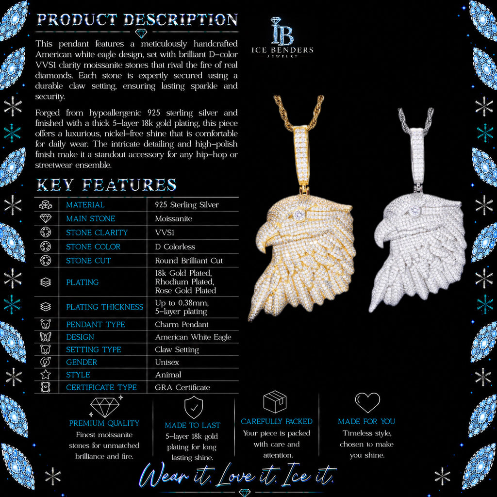 Iced Out American White Eagle Moissanite Pendant