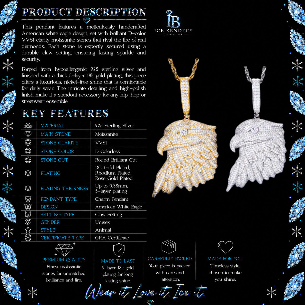 Iced Out American White Eagle Moissanite Pendant