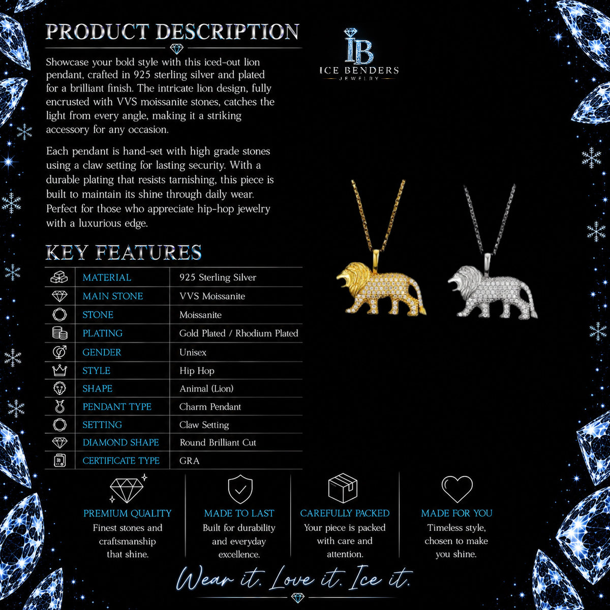 Iced Out Mini Full Lion Moissanite Pendant