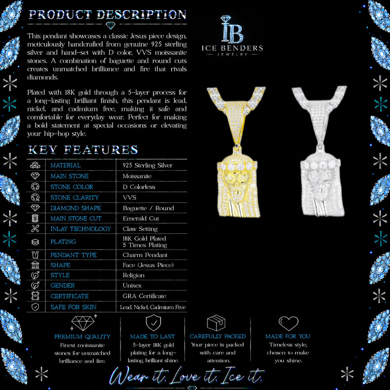 Baguette Iced Out Jesus Piece Moissanite Pendant