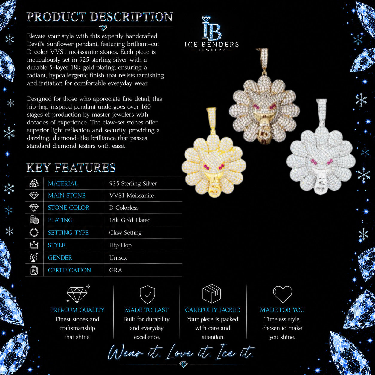Iced Out Devil Sunflower Moissanite Pendant