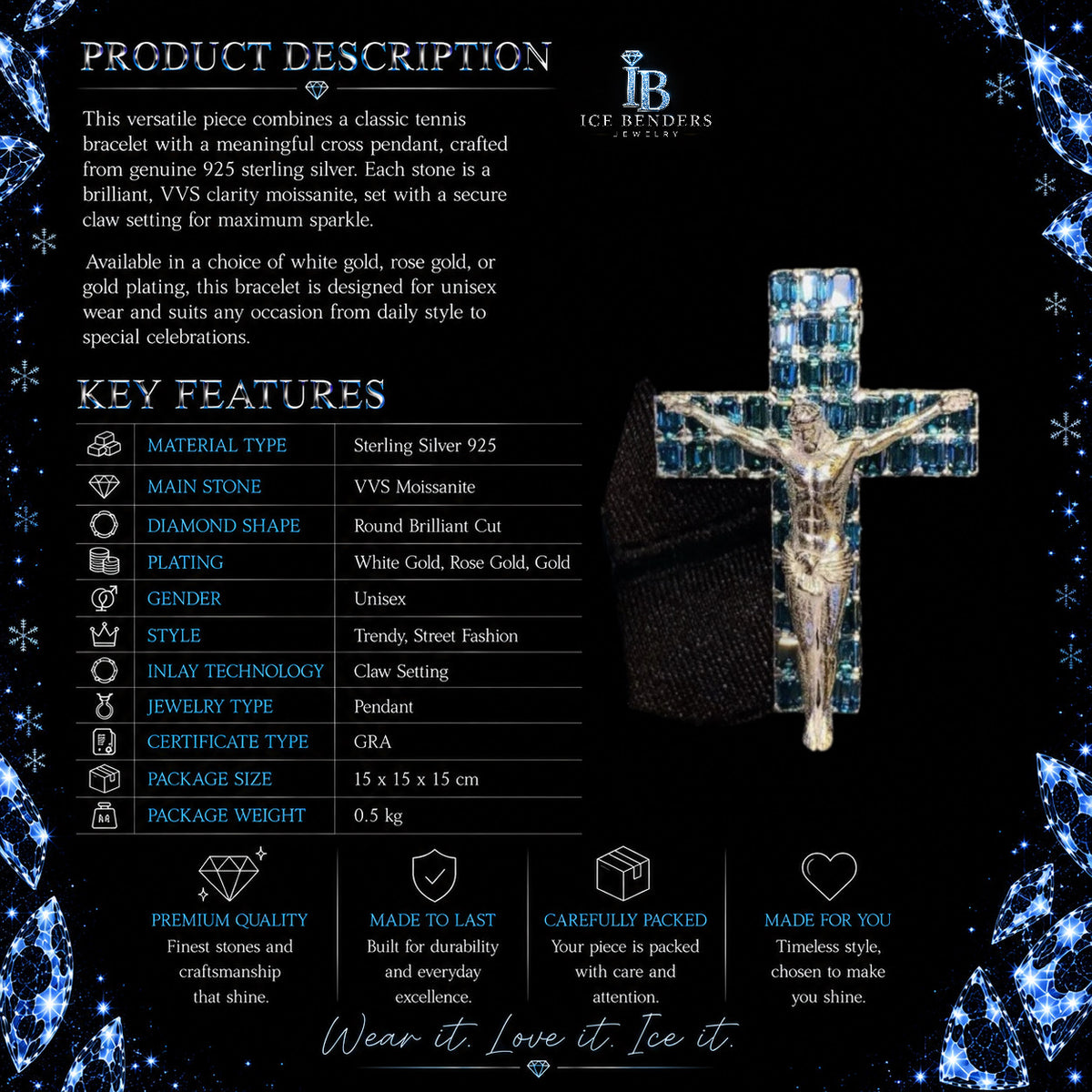 Side Iced Emerald Cut Deep Blue Moissanite Cross (Pendant Only)