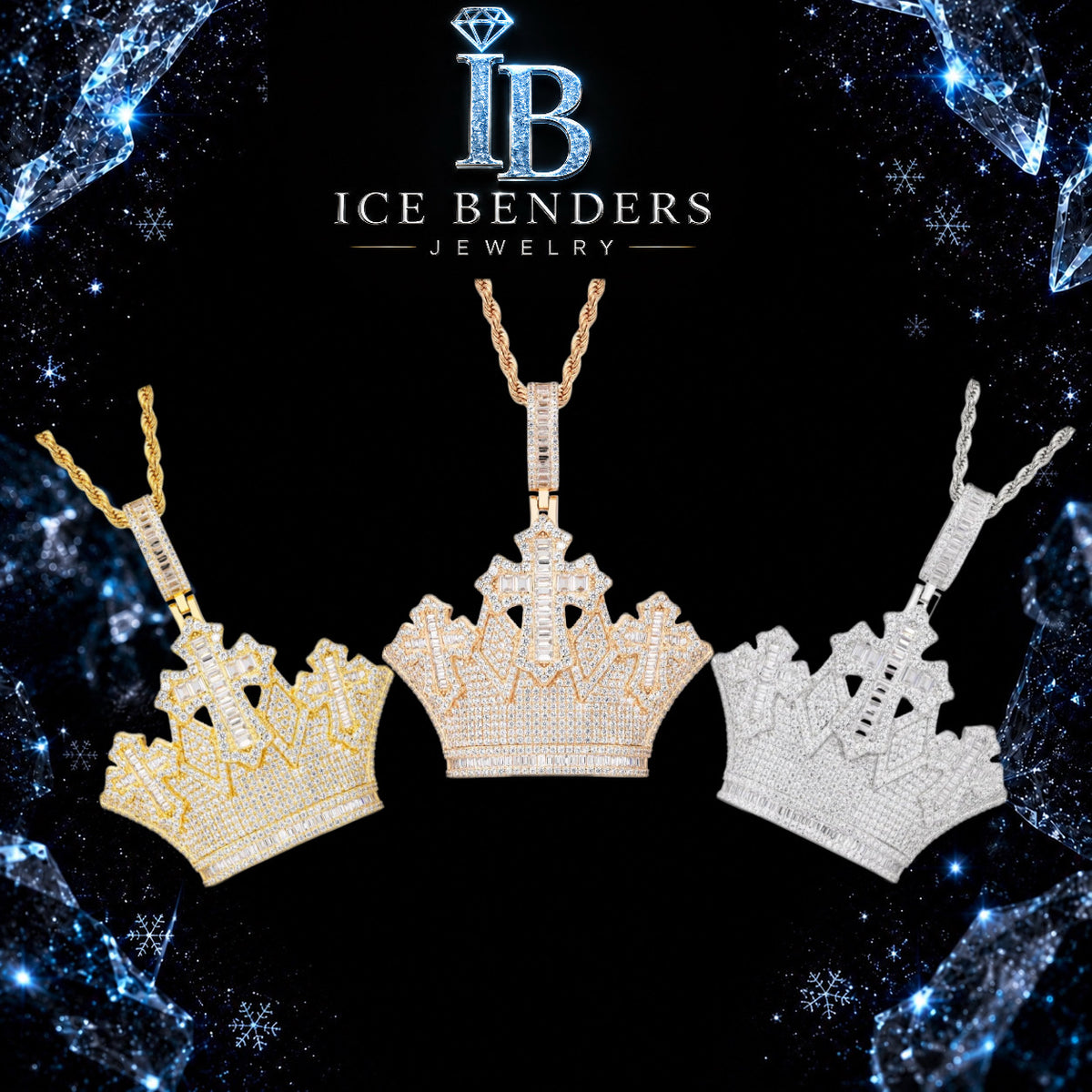 Iced Out Triple Cross Crown Moissanite Pendant