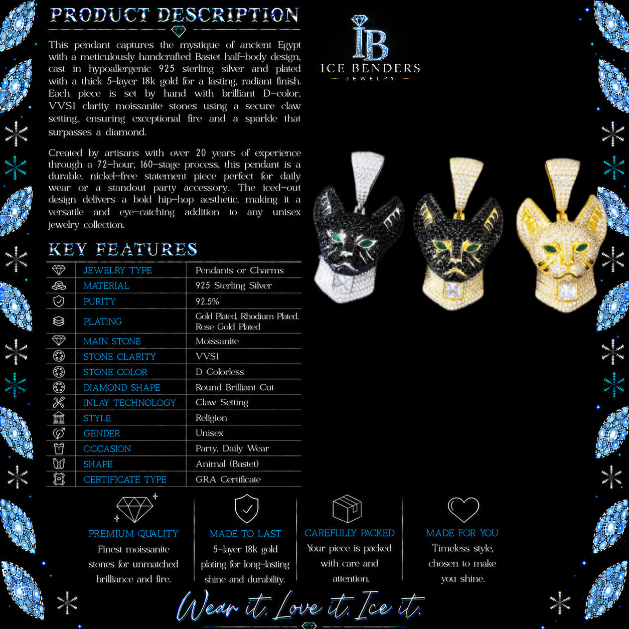 Black Moissanite Iced Out Ancient Egyptian Cat God Moissanite Pendant