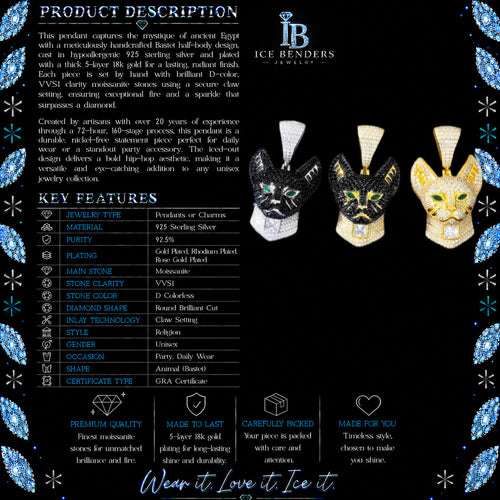 Black Moissanite Iced Out Ancient Egyptian Cat God Moissanite Pendant
