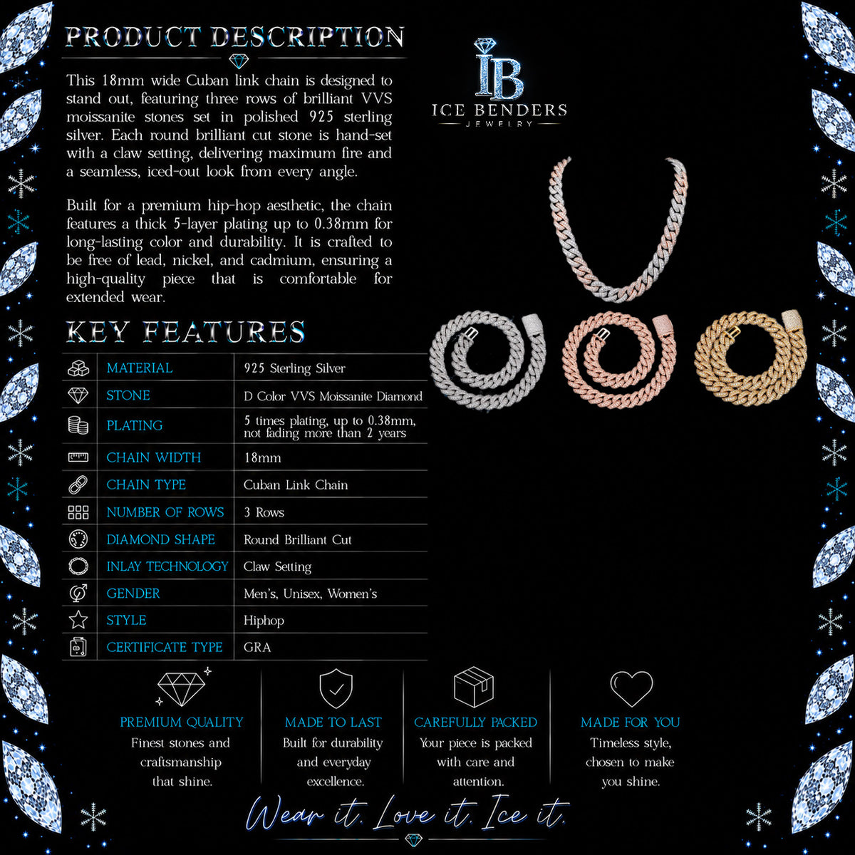 18mm 3 Row Moissanite Cuban Link Chain/Bracelets