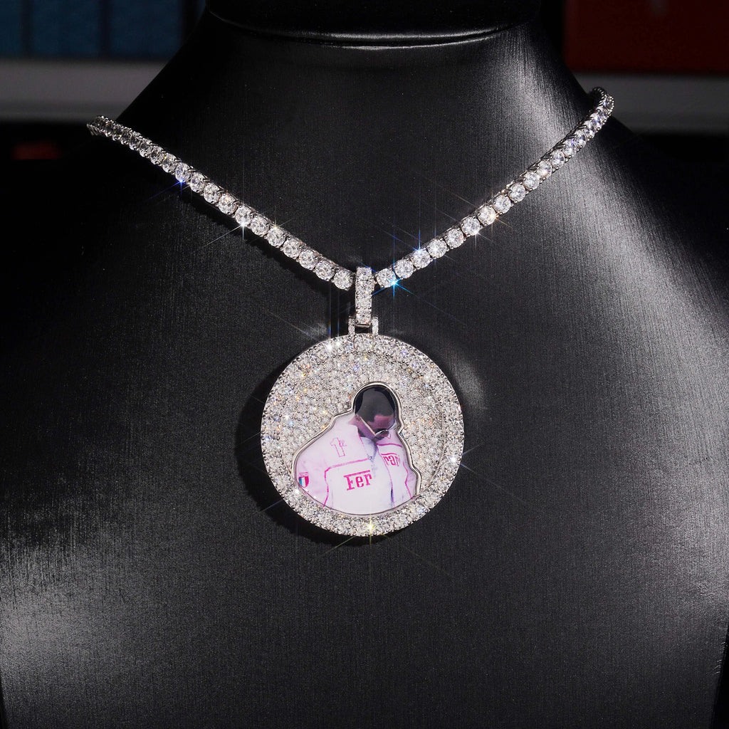 Unisex 925 Sterling Silver VVS Moissanite Mosaic Iced Out Photo Pendant