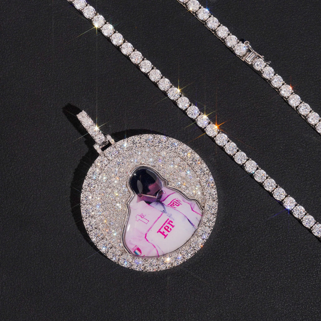 Unisex 925 Sterling Silver VVS Moissanite Mosaic Iced Out Photo Pendant