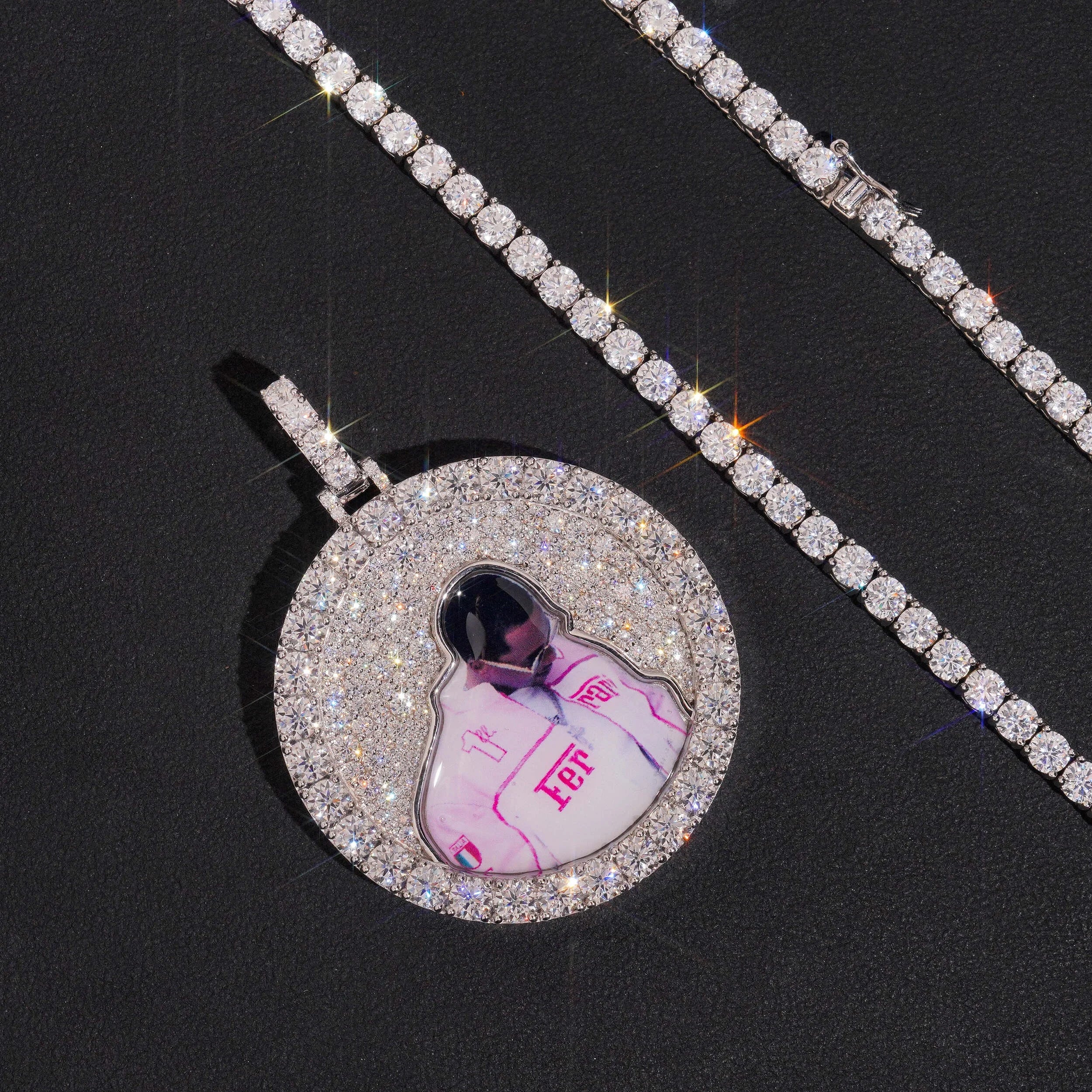 Unisex 925 Sterling Silver VVS Moissanite Mosaic Iced Out Photo Pendant