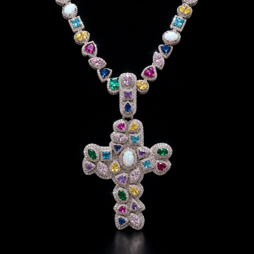 Iced out Assorted Gemstone Opal 3D Moissanite Cross Pendant (Only)
