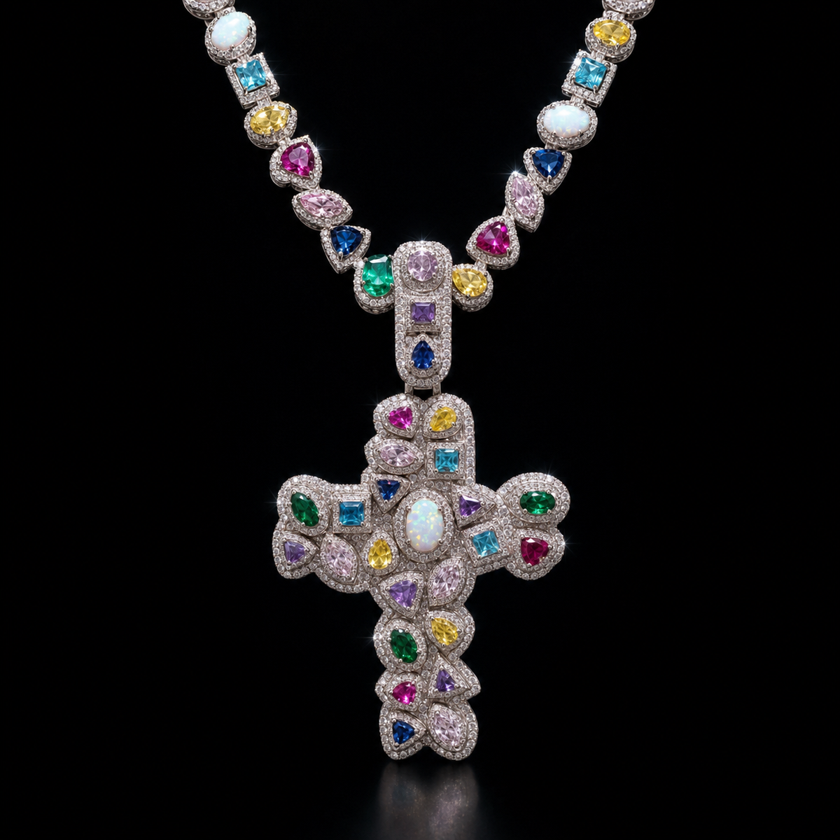 Iced out Assorted Gemstone Opal 3D Moissanite Cross Pendant (Only)