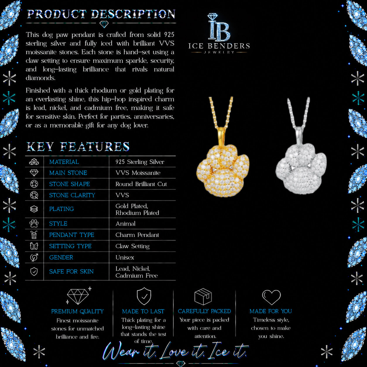 Iced Out Dog Paw Moissanite Pendant