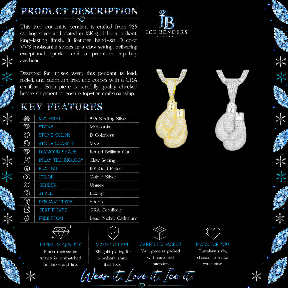 Iced Out Boxing Gloves Moissanite  Pendant