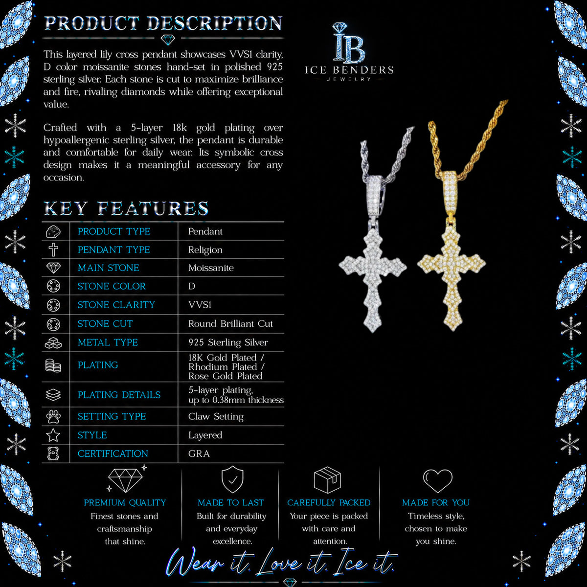 Iced Out Layered Lily Cross Moissanite Pendat