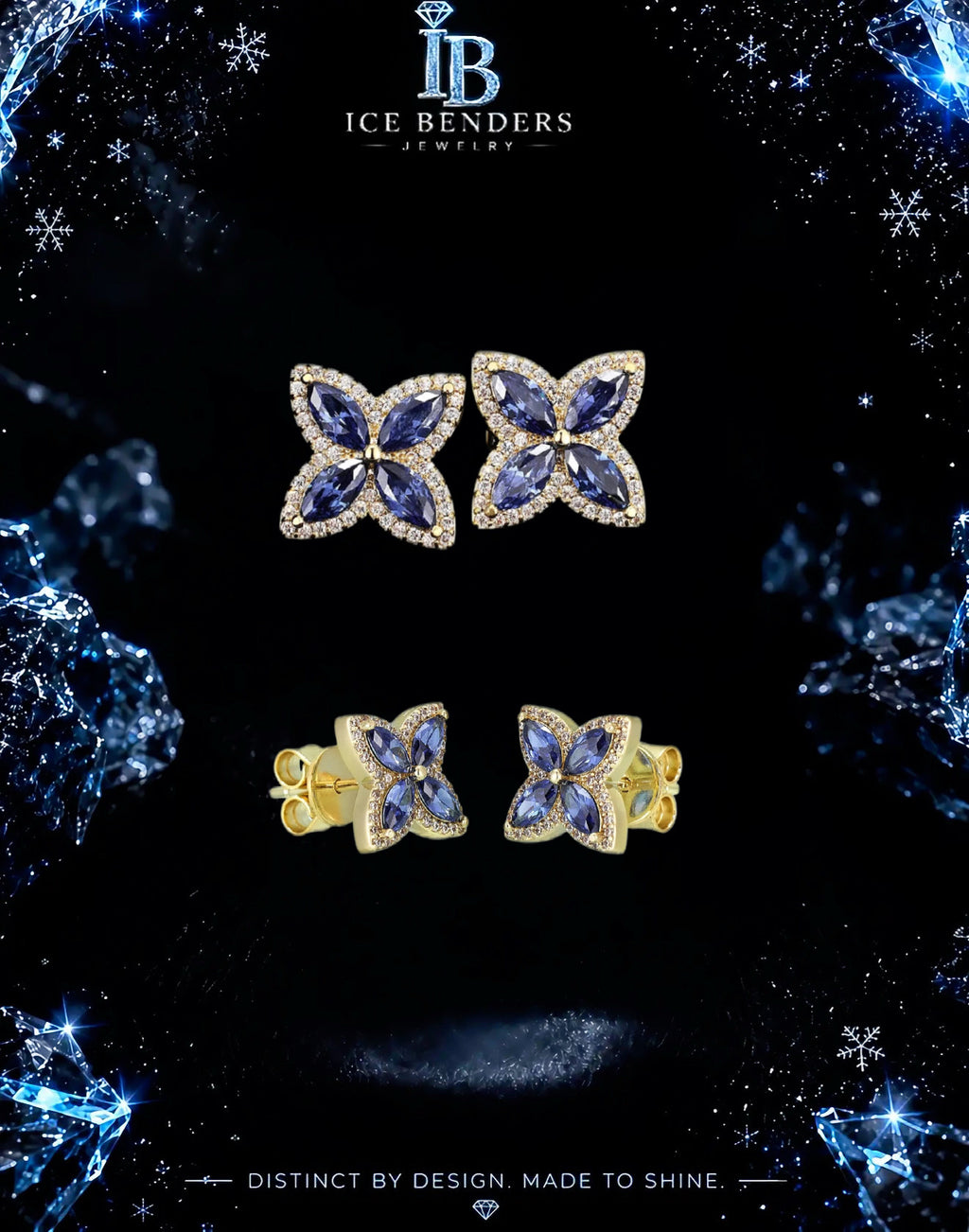 Iced Out Moissanite Blue Gemstone “Lv” Clover Stud Earrings