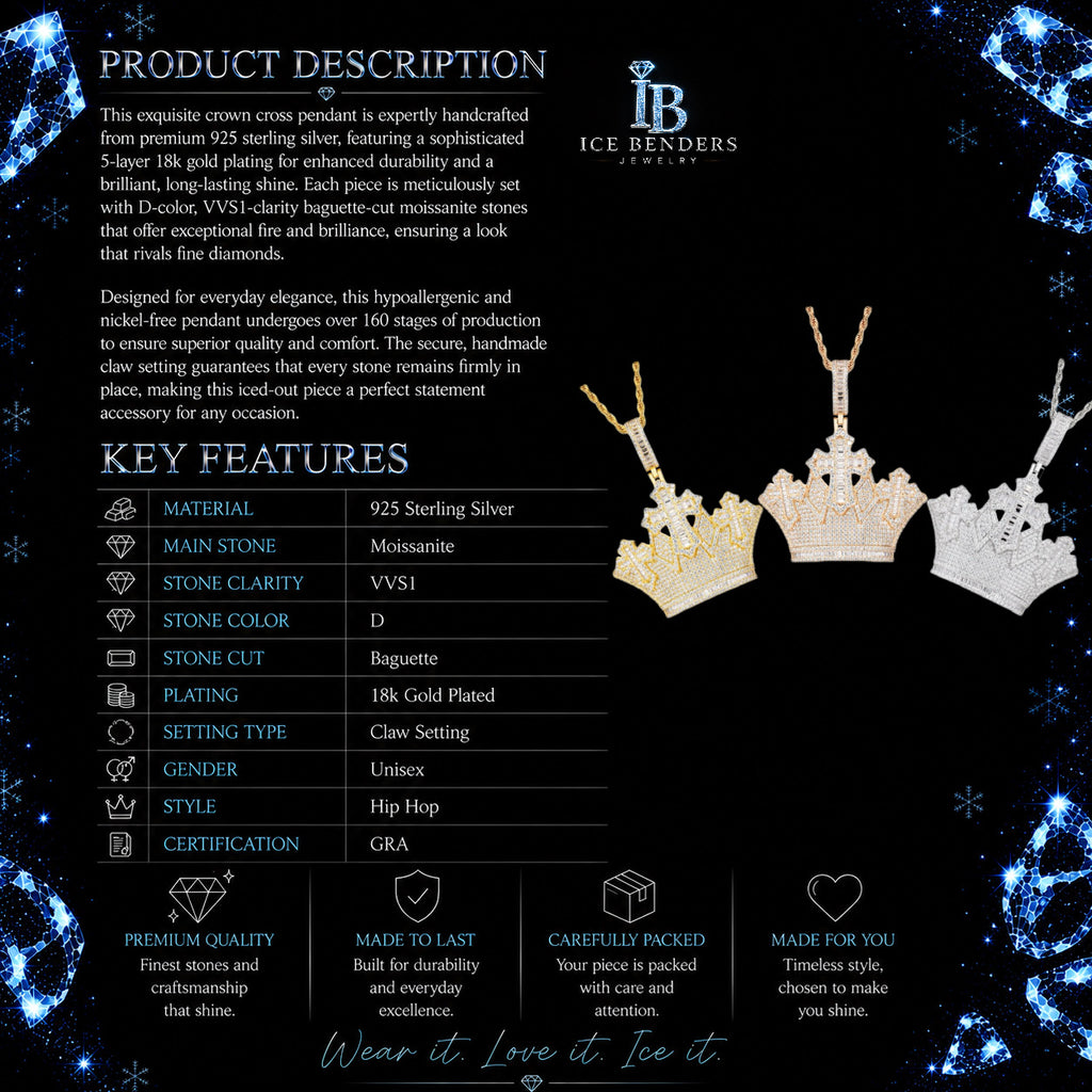 Iced Out Triple Cross Crown Moissanite Pendant