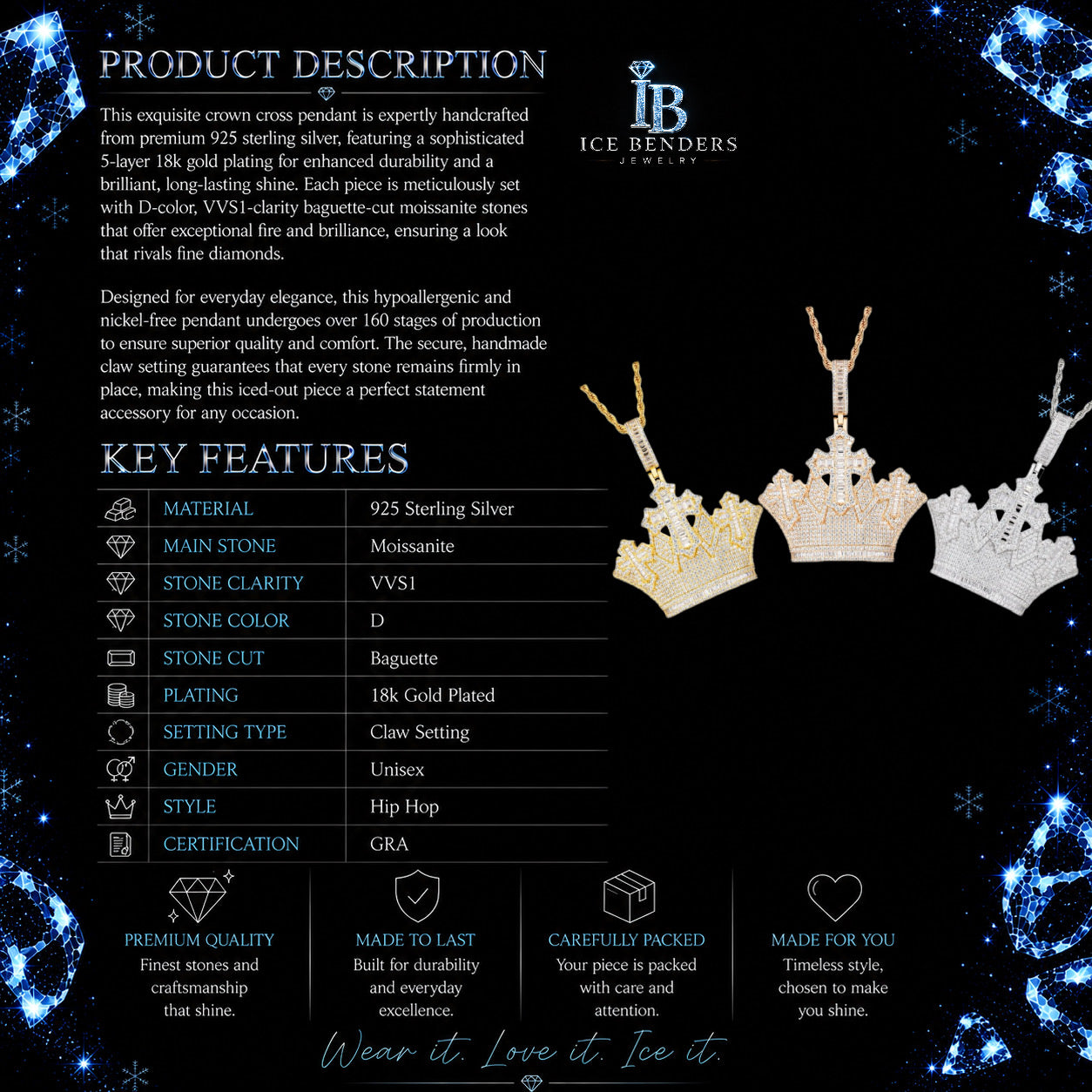 Iced Out Triple Cross Crown Moissanite Pendant