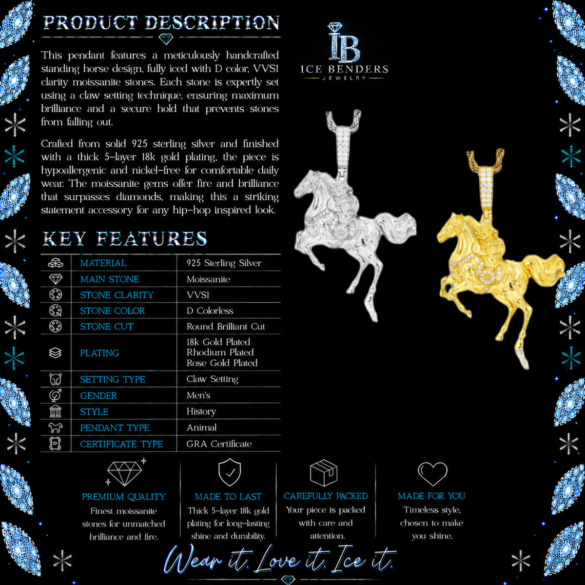 Iced Out Horse Moissanite Pendant