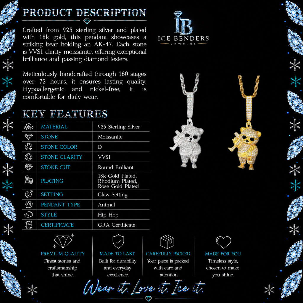 Iced Out Strapped Bear Moissanite Pendant