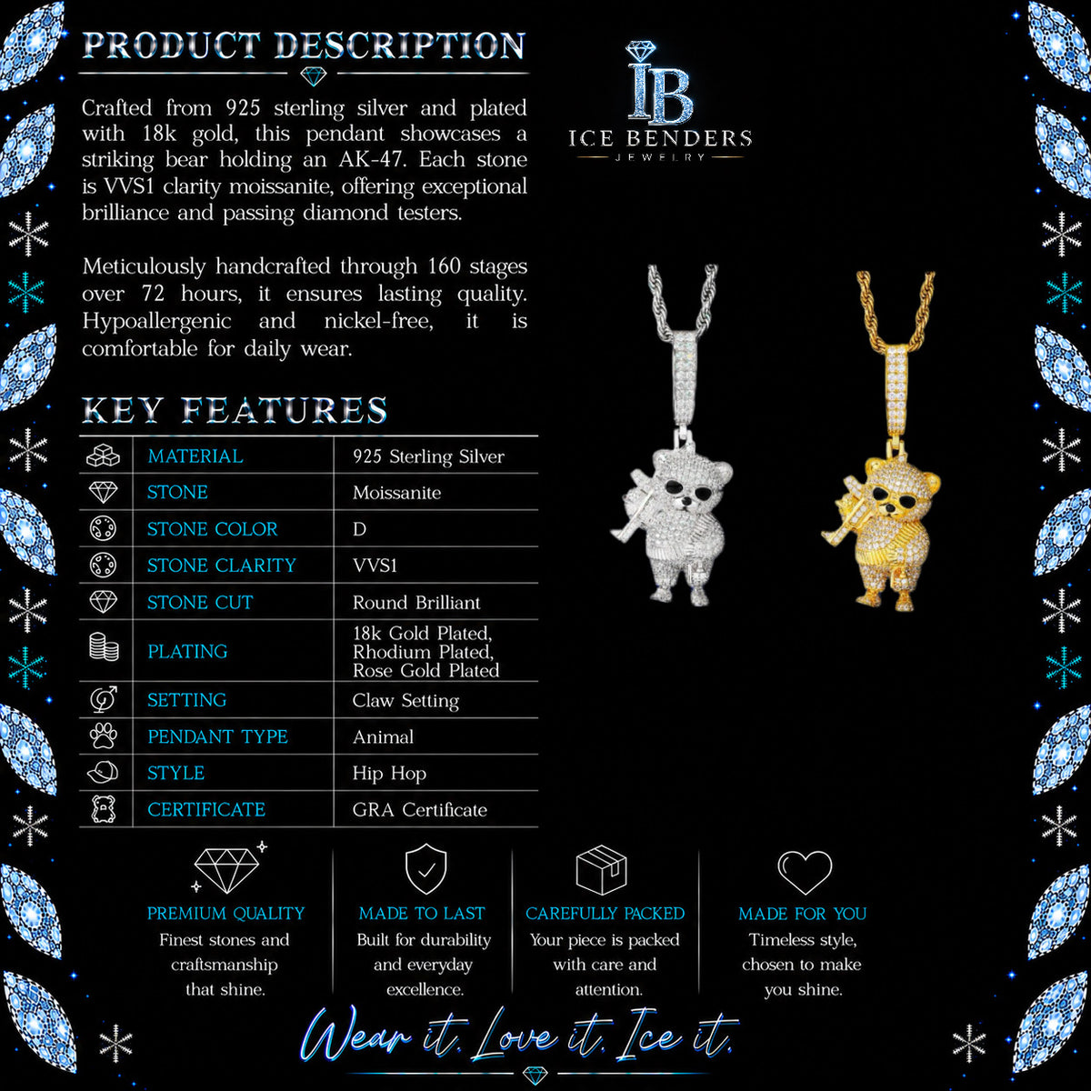 Iced Out Strapped Bear Moissanite Pendant
