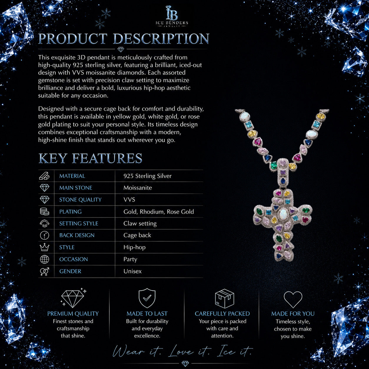 Iced out Assorted Gemstone Opal 3D Moissanite Cross Pendant (Only)