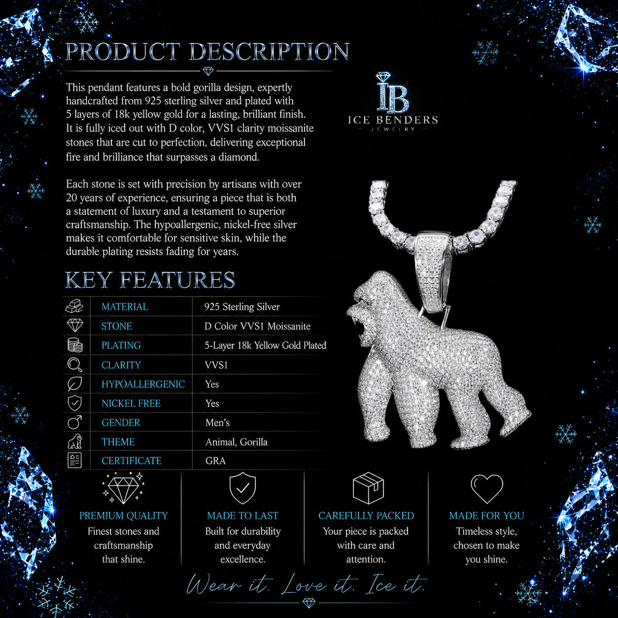 Men's 925 Sterling Silver VVS Moissanite Iced Out Gorilla Pendant