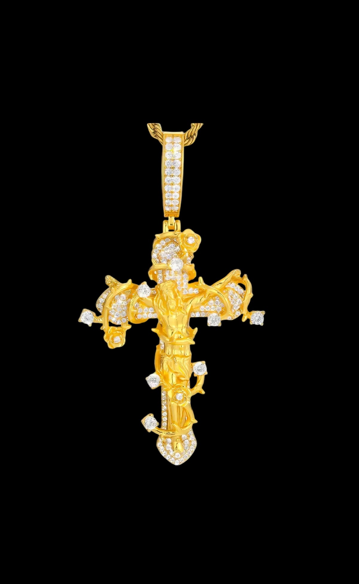 Rose Thorns Crucifix Jesus Moissanite Pendant