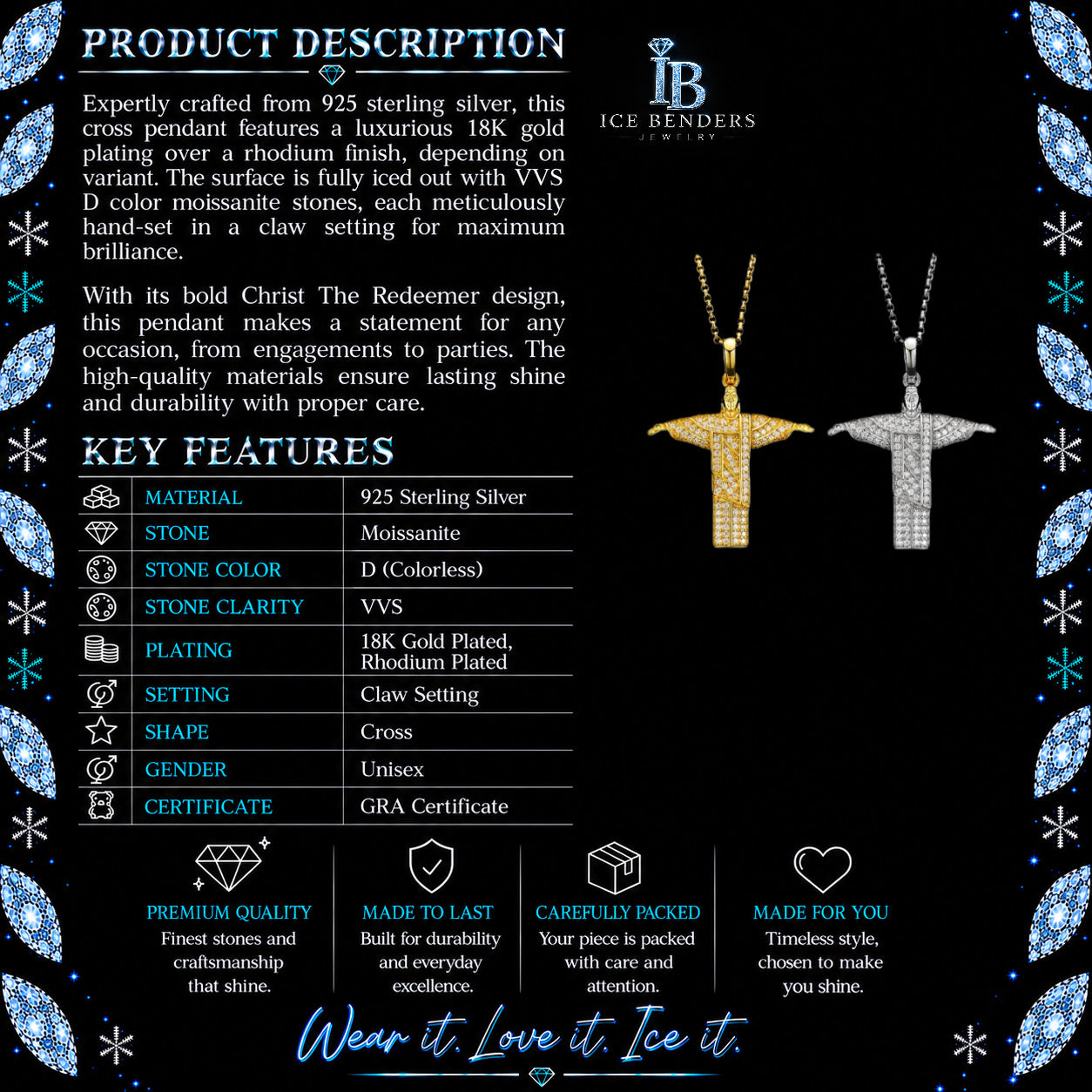 Iced Out Christ The Redeemer Moissanite Pendant