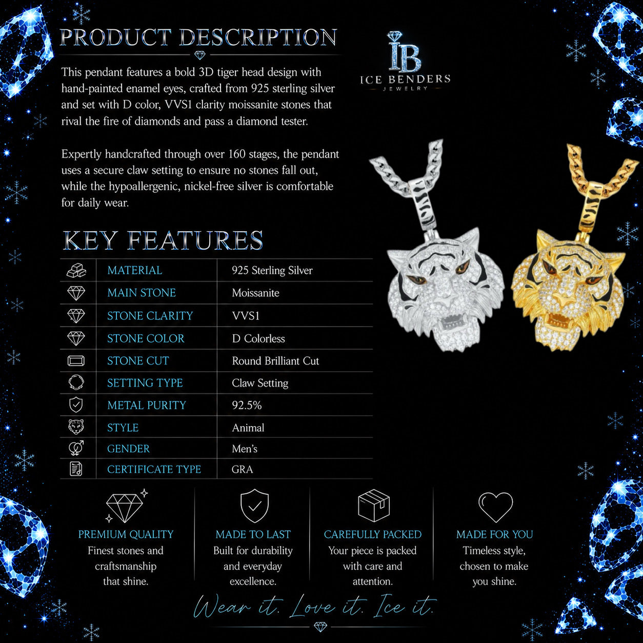 Iced Out 3d Tiger Head Moissanite Pendant